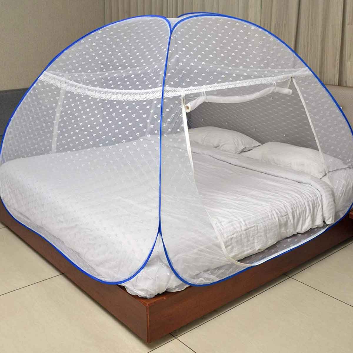 Foldable Polyester Double Bed Mosquito Net - Embroidery (White)